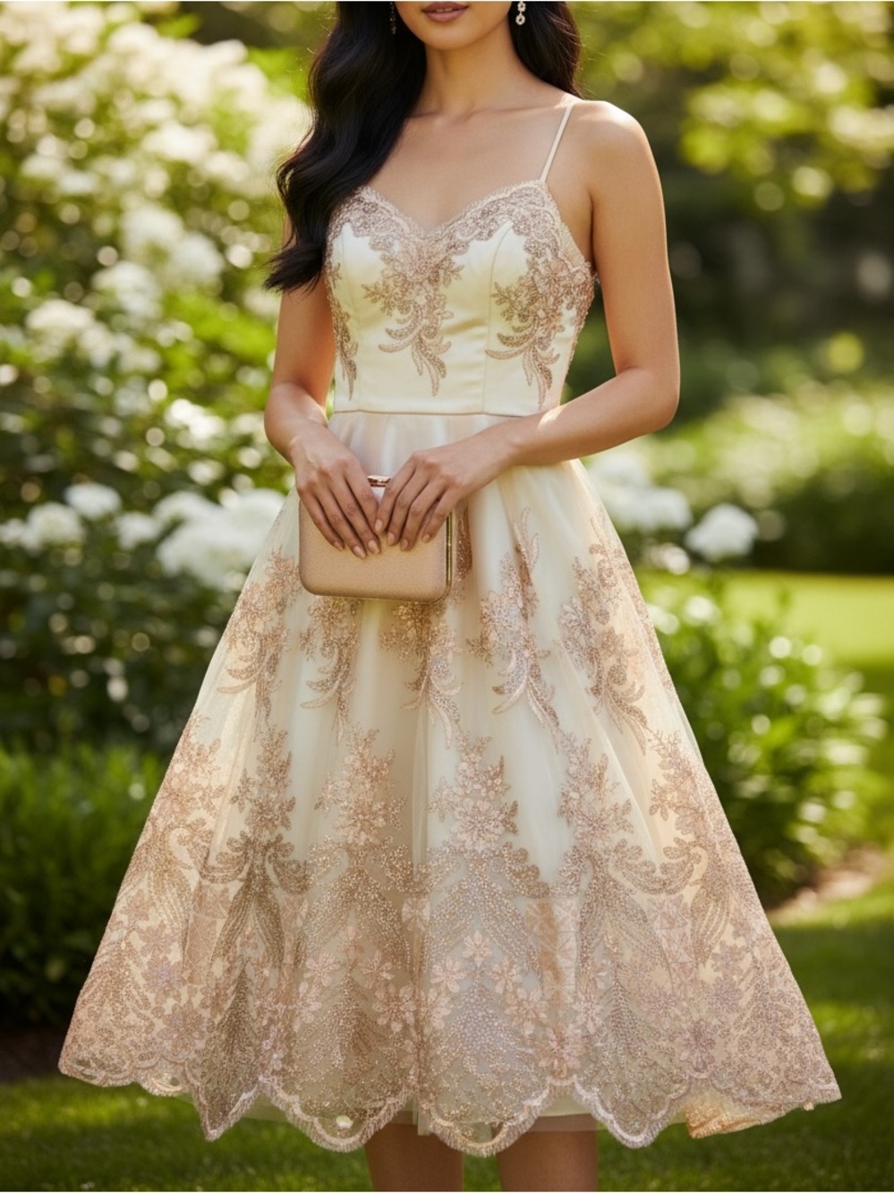 Chi Chi London Champagne & Rose-Gold Lace Midi Dress with Thin Straps